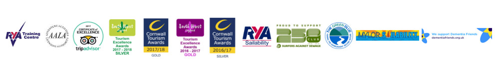 Row of logos including RYA, AALA, Sailability, Cornwall Tourism Award, SAS, Dementia