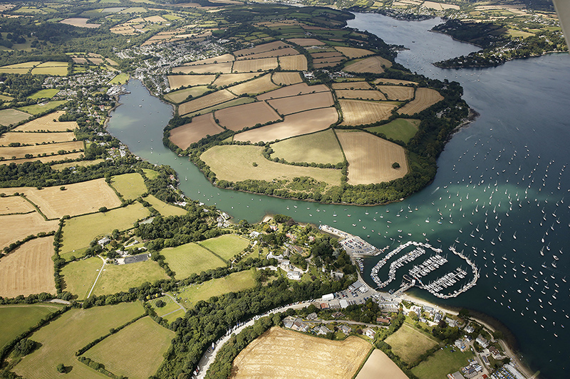 Ariel view of Mylor marina and river in Cornwall