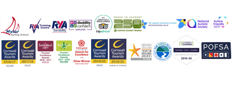 Safety and Accrediation logos for RYA Mylor Sailing School and Tourism Awards Cornwall