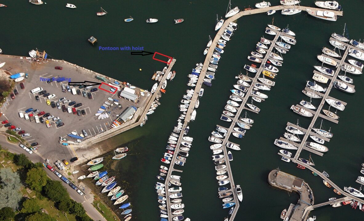 Aerial view of Mylor Yacht Harbour moored boats on pontoons
