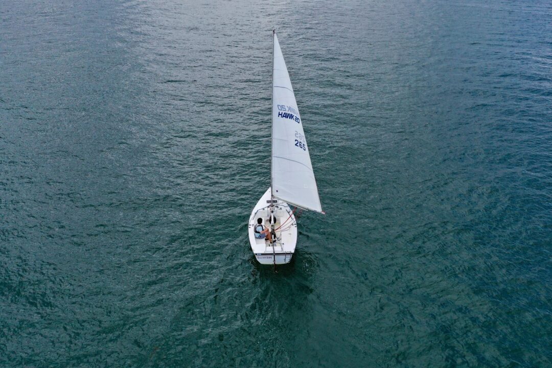 aerial view of solo sailor on Hawk 20 keelboat